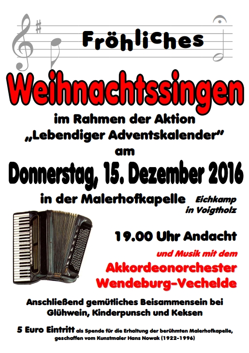 Plakat Weihnachtsliedersingen am 15.12.2016 um 19 Uhr in Voigtholz